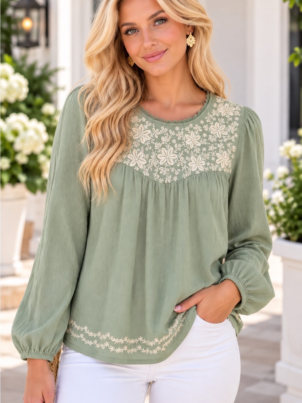 Savannah Jane Sage Green Embroidered Floral Boho Blouse Top Size L